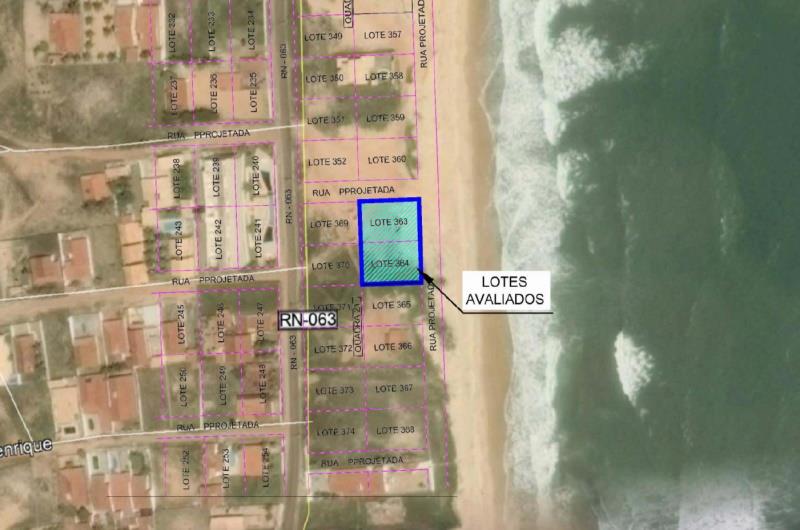 Terreno constituído pelos lotes n°s 363 e 364 da quadra n° 21, área de 1.200 m², Loteamento Parque dos Búzios, Nisia Floresta/RN